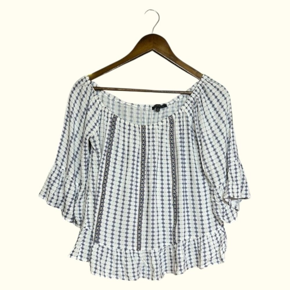 Staccato Blue & White Boho Off-Shoulder Blouse - Size M
